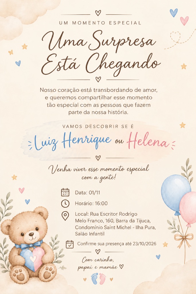 Convite de Chá revelação · Luiz Henrique ou Helena?